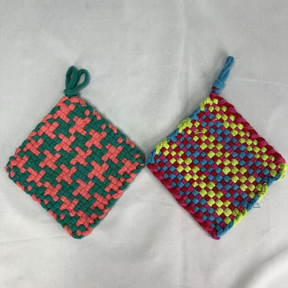2 Fiestaware Potholder Loom Woven Handmade 100% Cotton MultiColor